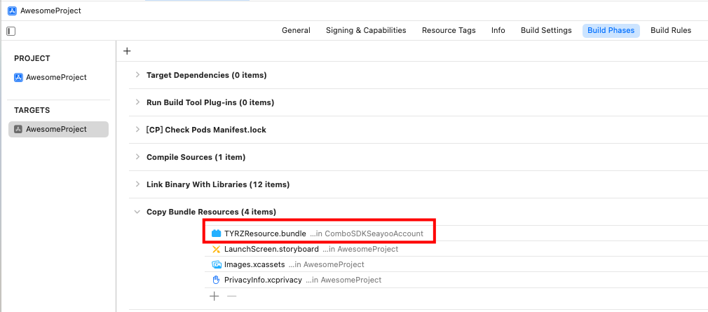 Xcode 的 Copy Bundle Resources 中导入 TYRZResource.bundle